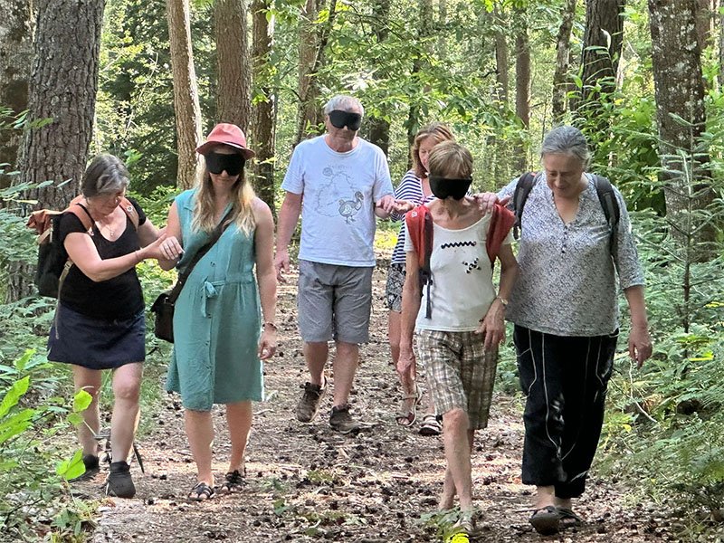 Groupe participant à une séance de sylvothérapie en forêt au Domaine du Lac de Soursac en Corrèze